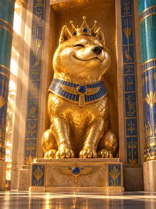 Bonk as a golden Shiba sun guardian in an Egyptian temple niche