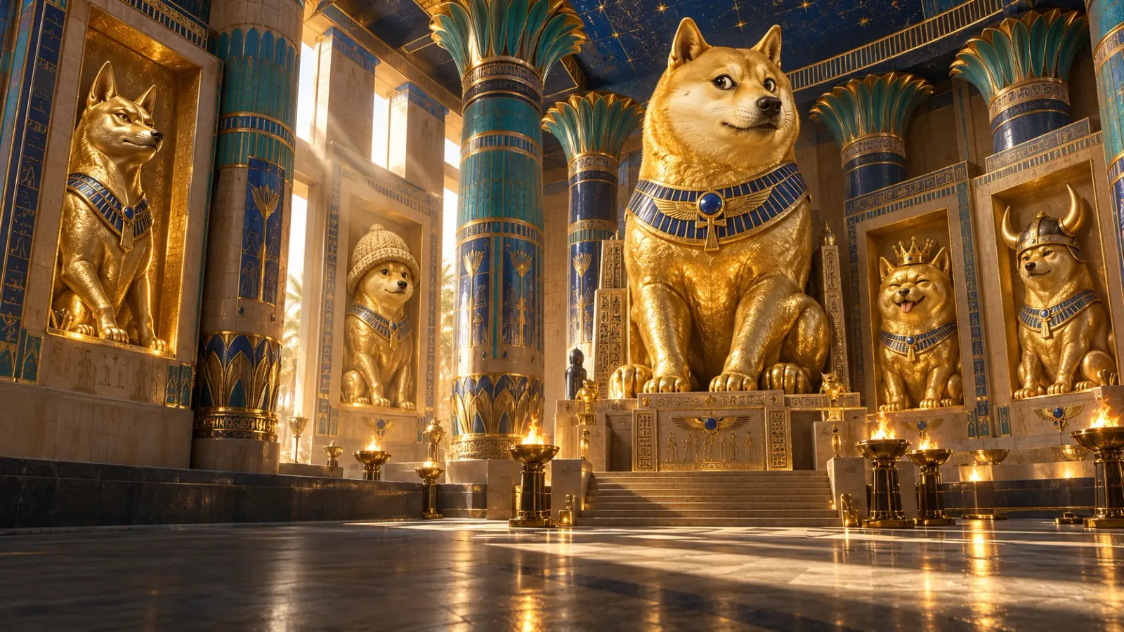 A pristine Egyptian royal hall lined with monumental golden Shiba statues, painted columns and warm ceremonial light