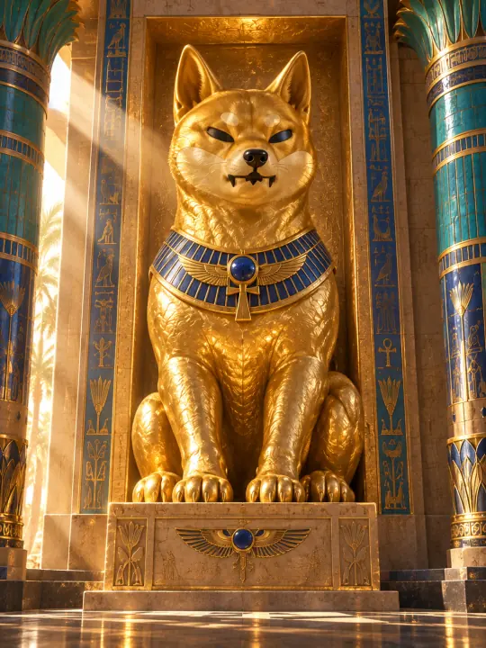Shiba Inu as a gold and red-jewel Egyptian guardian statue