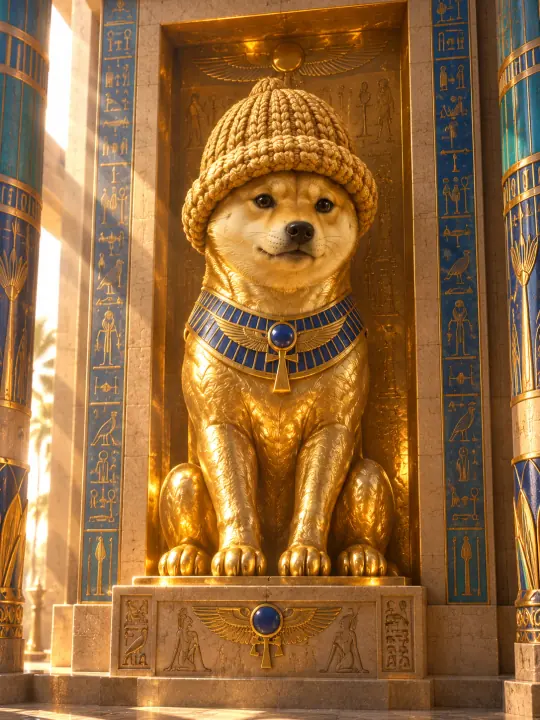 Dogwifhat as a golden Egyptian statue wearing a sculpted knitted hat
